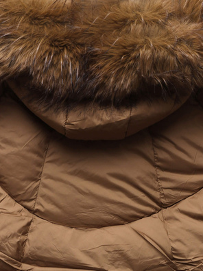 Karmelowa kurtka zimowy długi płaszcz z dużym kapturem 