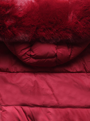 Bordowa pikowana zimowa damska kurtka płaszcz z kapturem