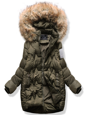 Khaki śliczna trapezowa pikowana zimowa damska kurtka z kapturem