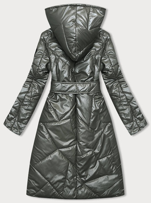 Oliwkowa długa kurtka pikowana wiązana z kapturem