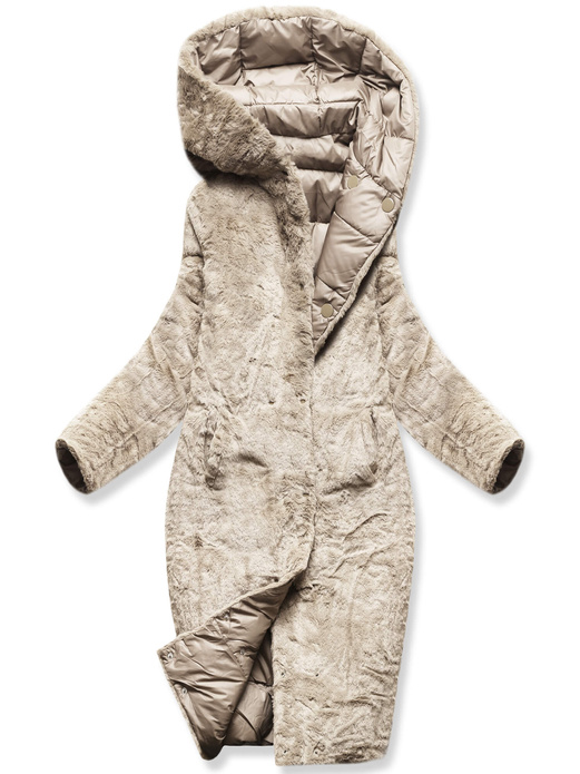 Beżowa zimowa dwustronna ciepła kurtka na futerku