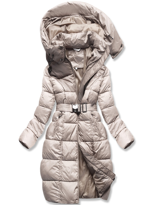 Beżowa zimowa damska kurtka pikowana z paskiem