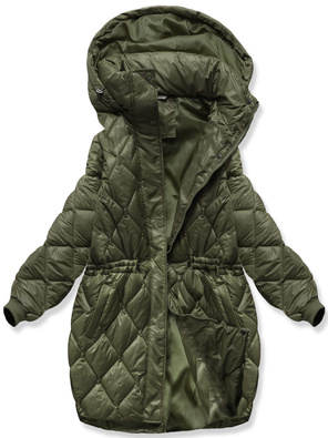 Khaki oversizowa zimowa damska pikowana w karo kurtka z kapturem