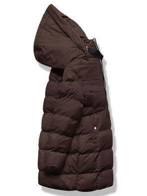 Brązowa zimowa kurtka z kapturem i kołnierzem płaszcz pikowany na suwak