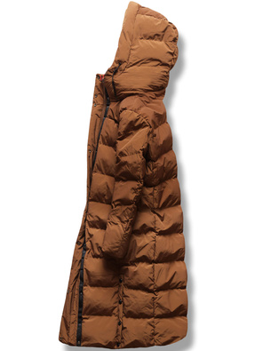 Karmelowy długi płaszczyk kurtka zimowa - na ciepłym misiu z kołnierzem