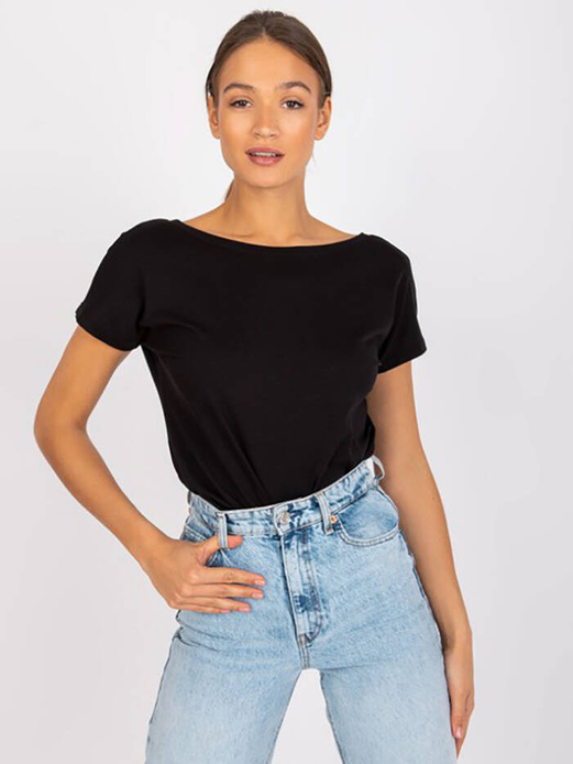 Czarna gładka bluzka, top basic, t-shirt z dekoltem V z tyłu