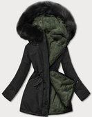 Czarno Khaki dwustronna zimowa parka na futrze
