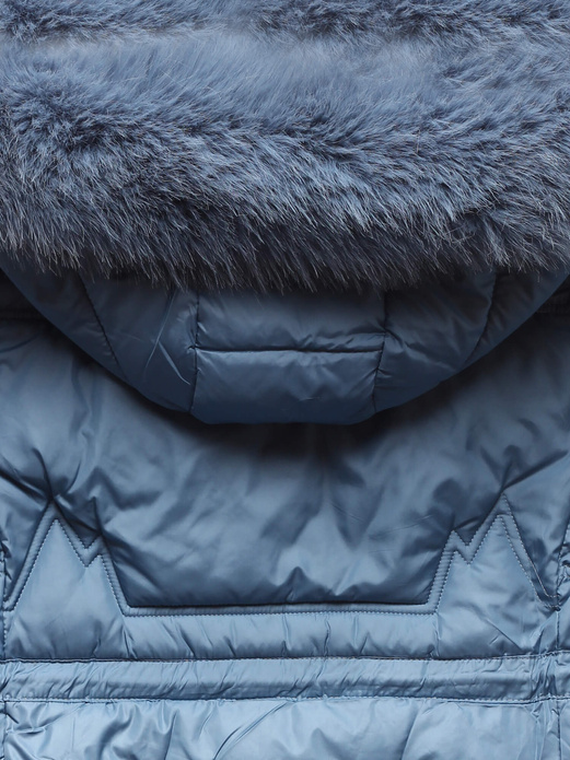 Niebieska długa zimowa unikalnie pikowana damska kurtka z kapturem