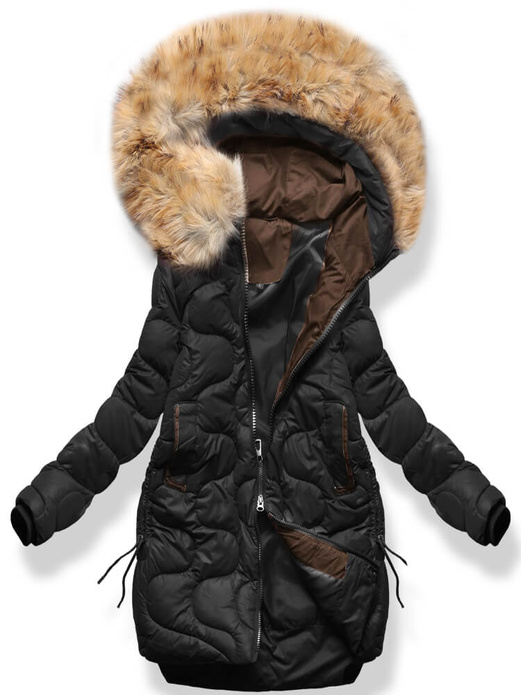 Czarna fenomenalna pikowana zimowa kurtka damska kożuch