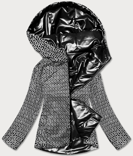 Czarna dwustronna przejściowa kurtka damska z kapturem geometryczne wzory