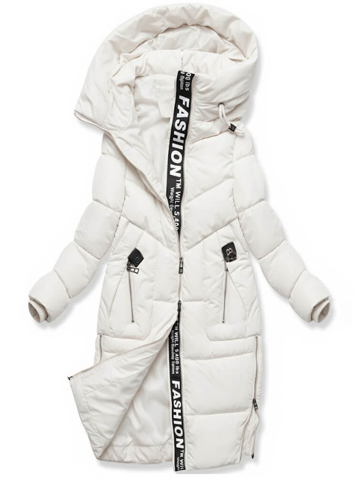 Ecru fantastyczna damska zimowa kurtka z kapturem