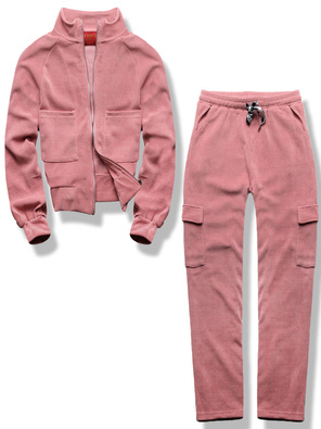 Pudrowy prążkowany dres komplet ze stójką