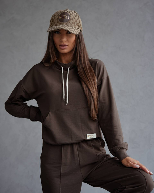 Beżowy czaderski damski dres komplet bluza stójka spodnie