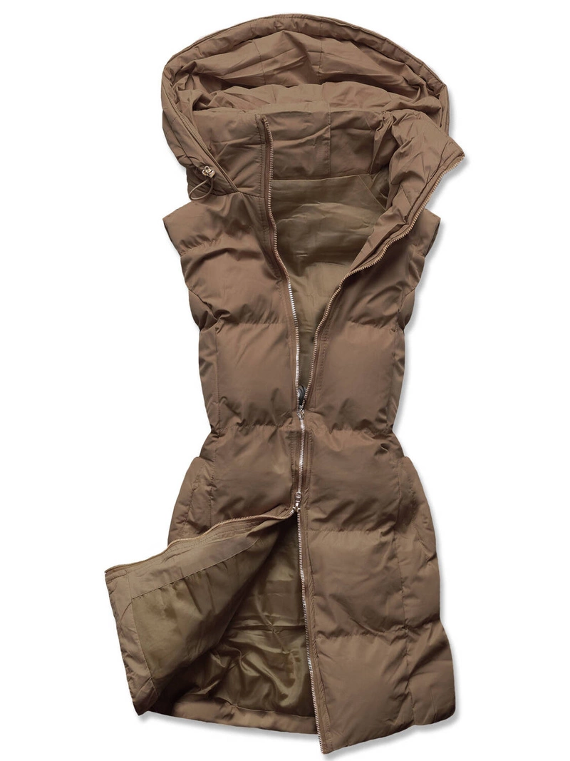 Beżowy bezrękawnik z kapturem puchowy