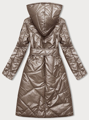Cappuccino długa kurtka pikowana wiązana z kapturem