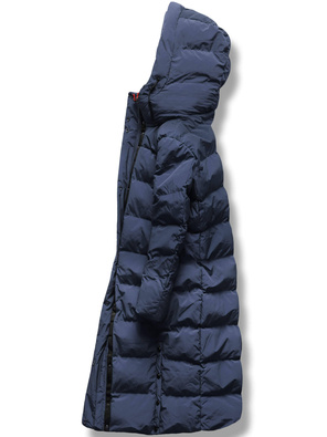 Granatowy długi płaszczyk kurtka zimowa - na ciepłym misiu z kołnierzem