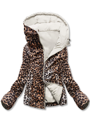 Beżowa damska przejściowa kurtka panterka z kapturem