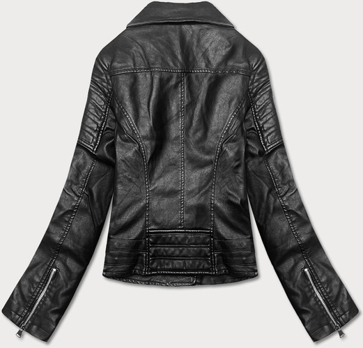Czarna ekoskóra kurtka ramoneska zapinana na skos z klapami i ozdobnymi przeszyciami