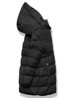 Czarna zimowa kurtka z kapturem i kołnierzem płaszcz pikowany na suwak