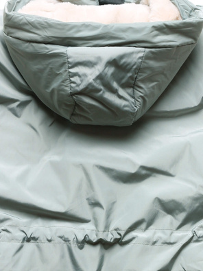 Jeanozielona zimowa ciepła kurtka damska na futrze z kapturem