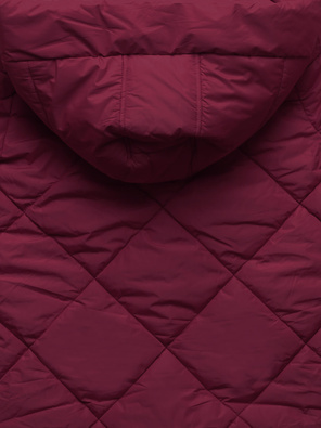 Bordowa pikowana w karo damska kurtka płaszczyk zimowy z kapturem