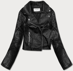 Czarna krótka kurtka ekoskóra ramoneska zapinana na skos