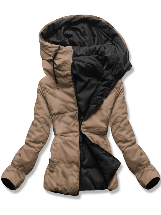 Czarno ciemnobeżowa dwustronna damska kurtka przejściowa z kapturem