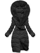 Czarna ciepła zimowa pikowana kurtka z futrzanym kapturem