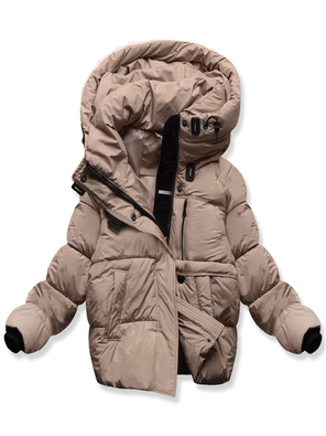 Brązowa damska puchowa zimowa damska kurtka z unikalnym kapturem