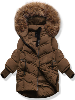 Brązowa unikalna trapezowa zimowa damska kurtka z kapturem