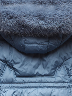 Niebieska długa zimowa unikalnie pikowana damska kurtka z kapturem