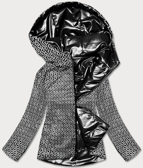 Czarna dwustronna przejściowa kurtka damska z kapturem geometryczne wzory