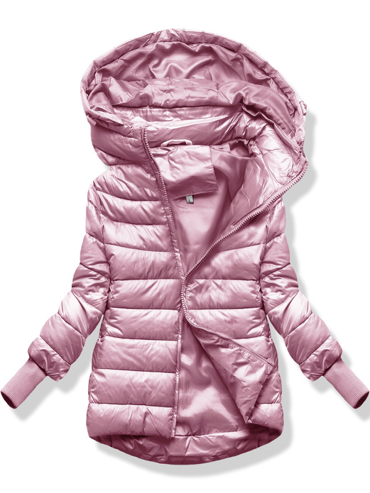 Różowa zimowa kurtka pikowana z kapturem z długimi ściągaczami zapinana na suwak