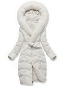 Biała ciepła zimowa pikowana kurtka z futrzanym kapturem