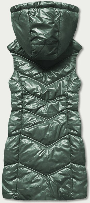 Zielony stylowy błyszczący pikowany bezrękawnik damski z kapturem