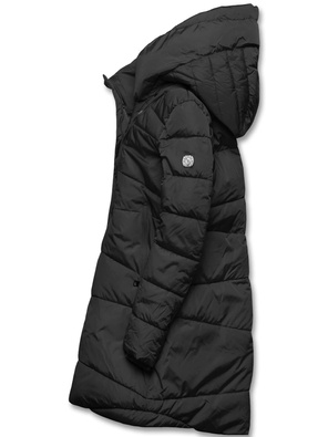 Czarna asymetryczna długa pikowana zimowa kurtka płaszczyk z kołnierzem