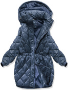 Granatowa oversizowa zimowa damska pikowana w karo kurtka z kapturem