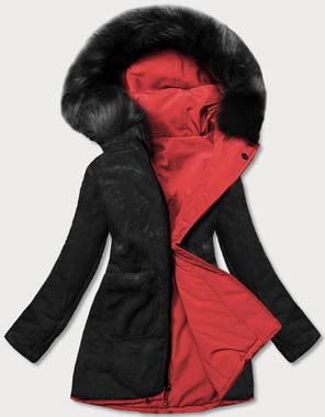 Czerwono czarna dwustronna zimowa parka na futrze