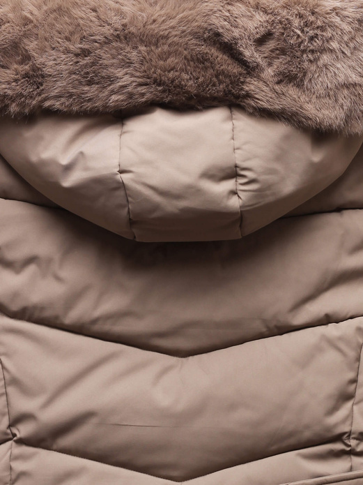 Beżowa ciepła zimowa pikowana kurtka z futrzanym kapturem