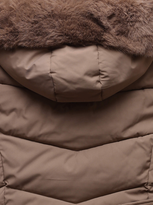 Brązowa ciepła zimowa pikowana kurtka z futrzanym kapturem