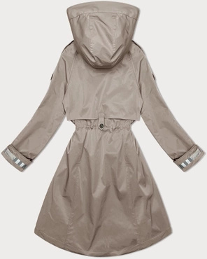 Ciemnobeżowy unikalny przejściowy płaszczyk damski parka z kapturem z motywem w kratę