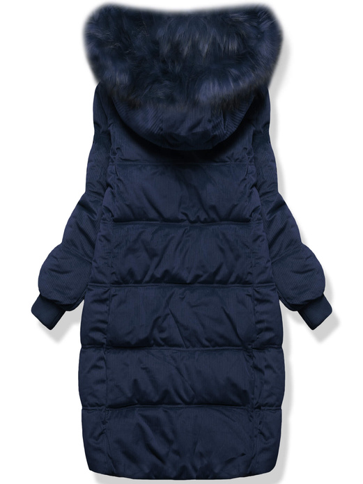 Granatowa długa zimowa sztruksowa damska kurtka z kapturem