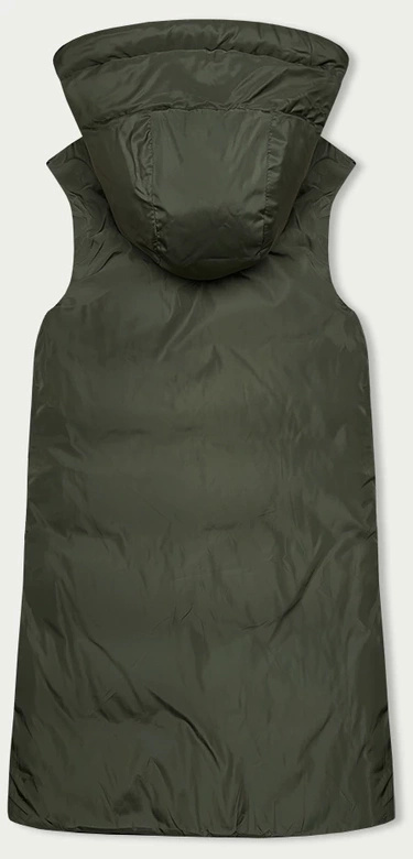 Beżowo zielony długi dwustronny damski bezrękawnik kamizelka z kapturem