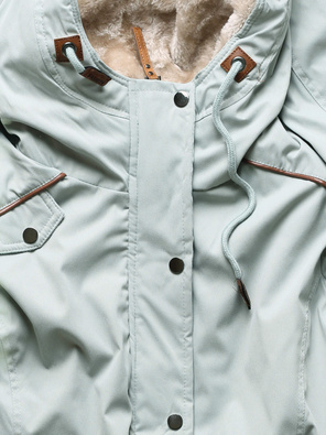 Miętowa ciepła kurtka parka na misiu z kapturem i wstawkami