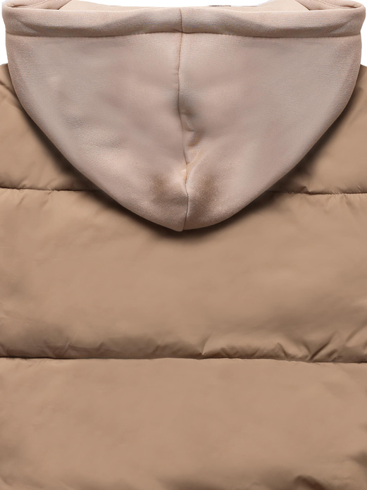 Beżowa krótka pikowana zimowa kurtka z dresowym kapturem