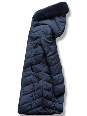 Granatowa długa wyszczuplająca pikowana kurtka w jodełkę z kapturem