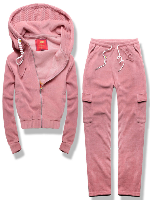 Pudrowy prążkowany dres komplet z kapturem