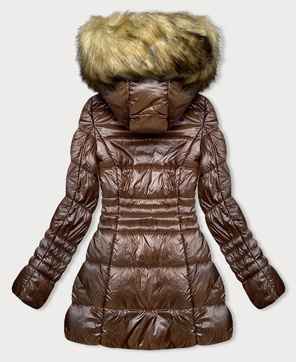 Brązowy długi płaszczyk kurtka zimowa z kapturem