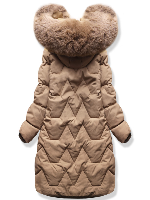 Beżowa damska zimowa kurtka z futrzanym kapturem