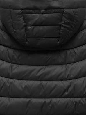 Czarna zimowa kurtka pikowana z kapturem z długimi ściągaczami zapinana na suwak